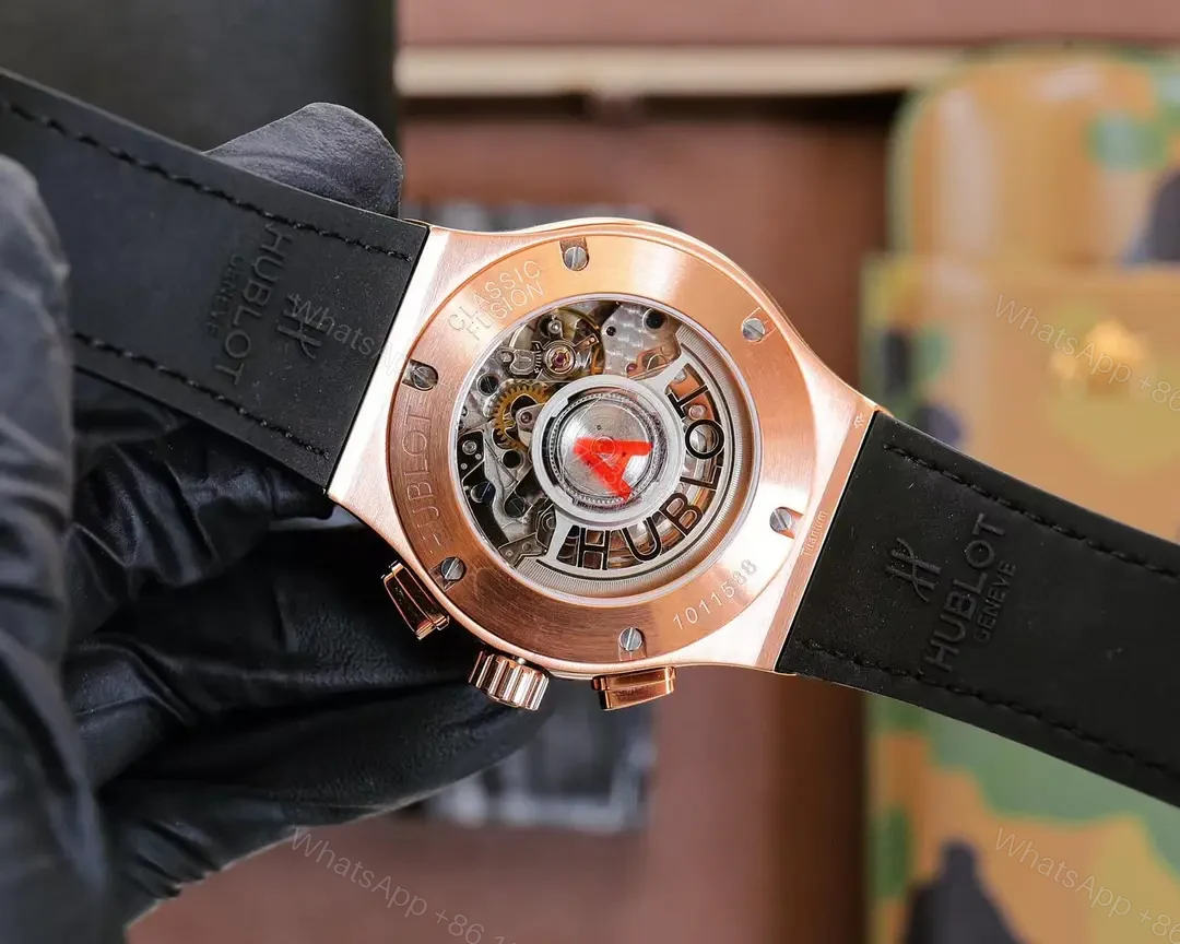 View 7 of Super Clone Hublot Classic Fusion Black Dial Rose Gold Leather Strap Premium 45MM HUBLOT-CF-RG-BLK45