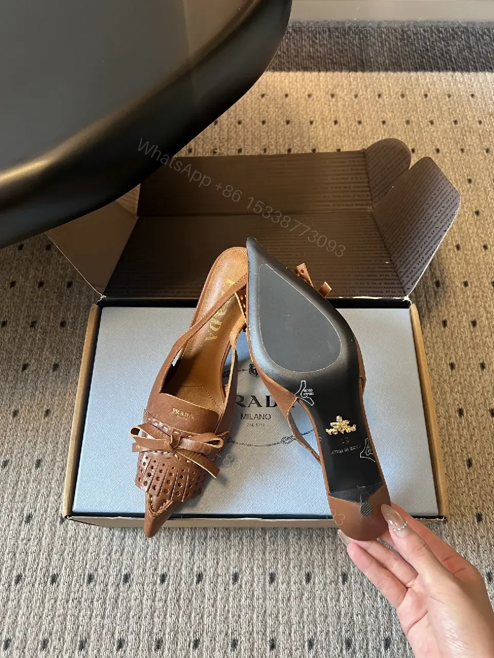 View 5 of Brown Leather Slingback Sandals Classic Style Open-Toe Prada Box Pair