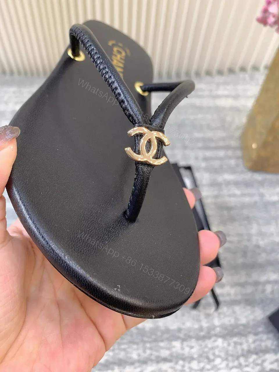 View 4 of Minimalist Luxe Leather Slides with Double-C Cap Footbed