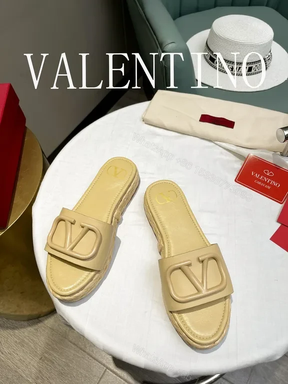 View 4 of Valentino Garavani Slides: Beige Calf Leather, V Logo, Comfort
