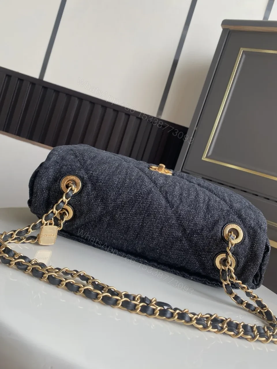 View 6 of Denim-Texture Shoulder Bag: Modern Luxe, Gold-Tone Accent