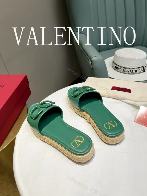 View 2 of Valentino Garavani Green Leather Slides with V Buckle