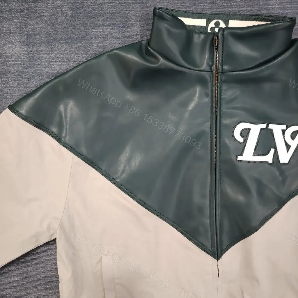 View 5 of Color-blocked Leather-Texture Windbreaker with LV-Inspired Accent
