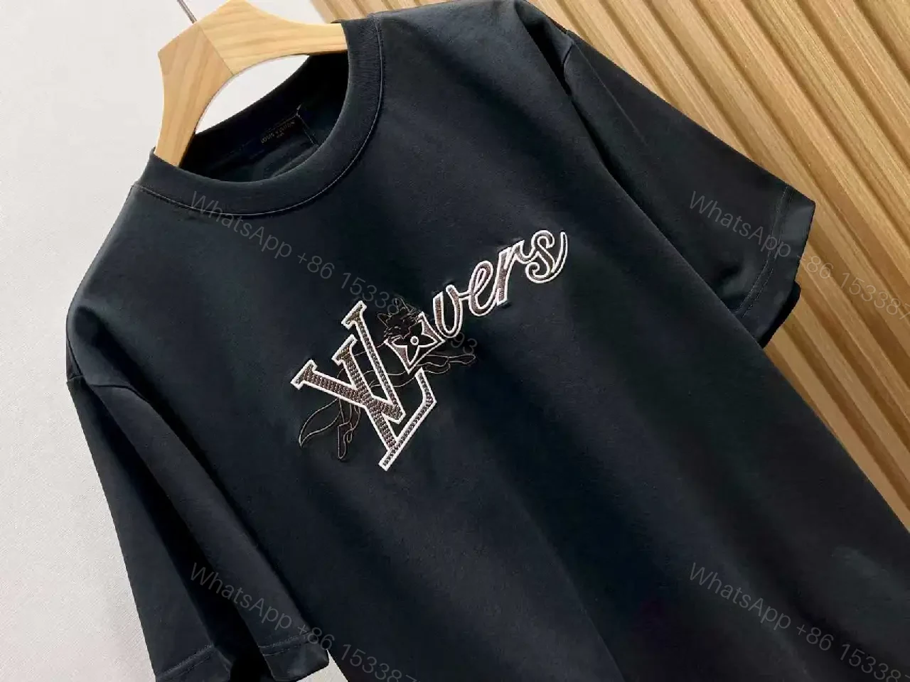View 9 of White Cotton Crewneck Tee with LV-Inspired Embroidery, Casual Luxe Tee