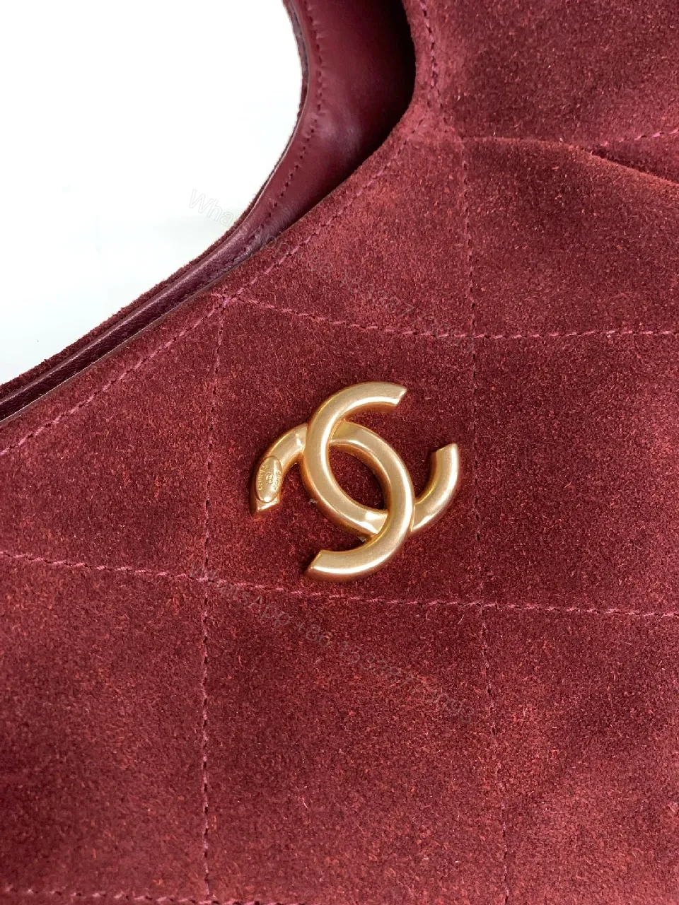 View 7 of Burgundy Suede Quilted Hobo with Gold Hardware