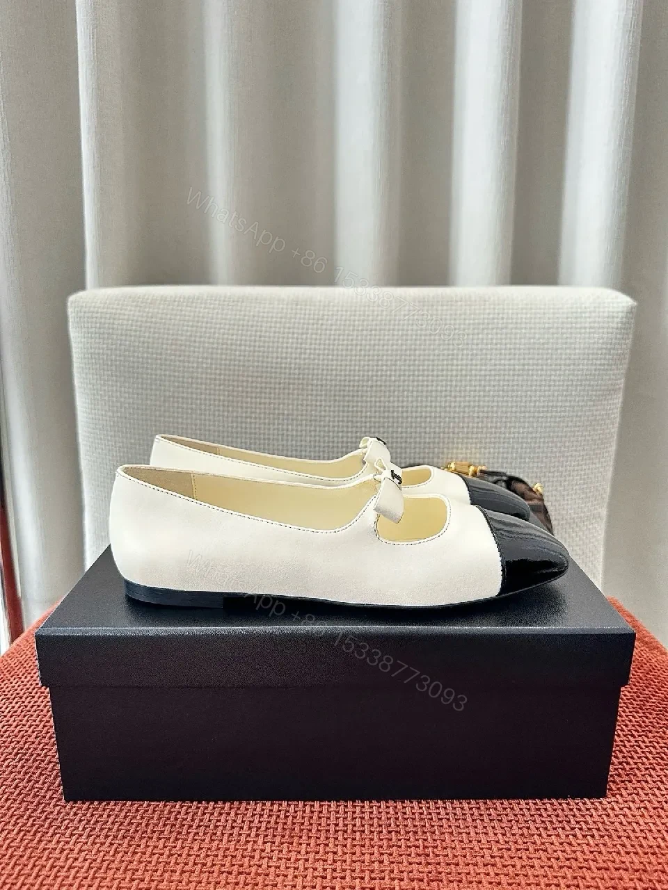 View 3 of Two-Tone Leather Flats: Glossy Cap Toe, Bow Detail, Comfort Fit