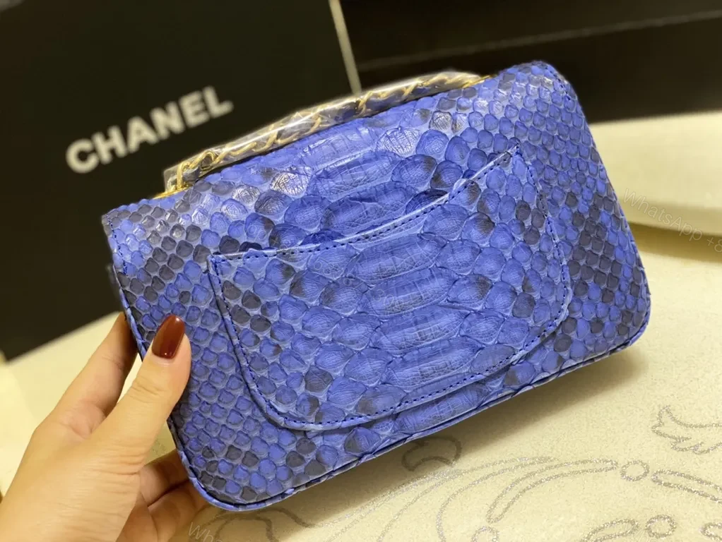 View 3 of Blue Python-Texture Wallet Bag with Gold Logo Luxury Crossbody