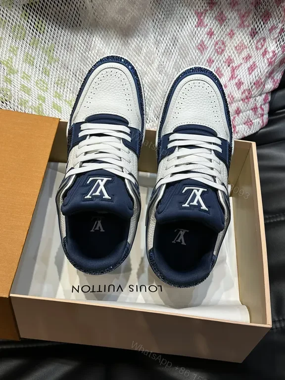 View 5 of White Leather Low-Top Sneakers with Navy LV Accent Brand-Logo