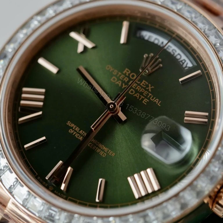 View 3 of Rolex Day-Date 40mm Super Clone Green Dial Gold Wrapped + Moissanite Baguette Diamonds