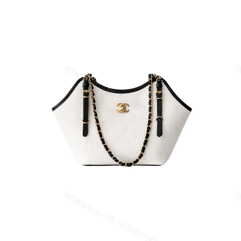 Chanel Small Shopping Bag Braided Raffia White And Black 18Cm — view 1