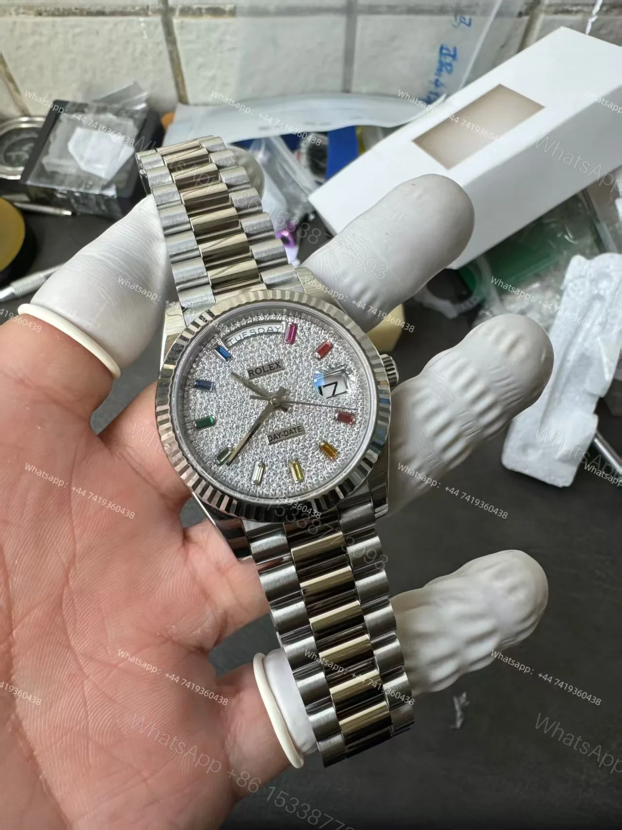 View 7 of Rolex Day-Date M128239-0019 1:1 Replica Moissanite Rainbow Diamond Dial 36MM 3255 Movement Presidential Bracelet Super Clone Watch