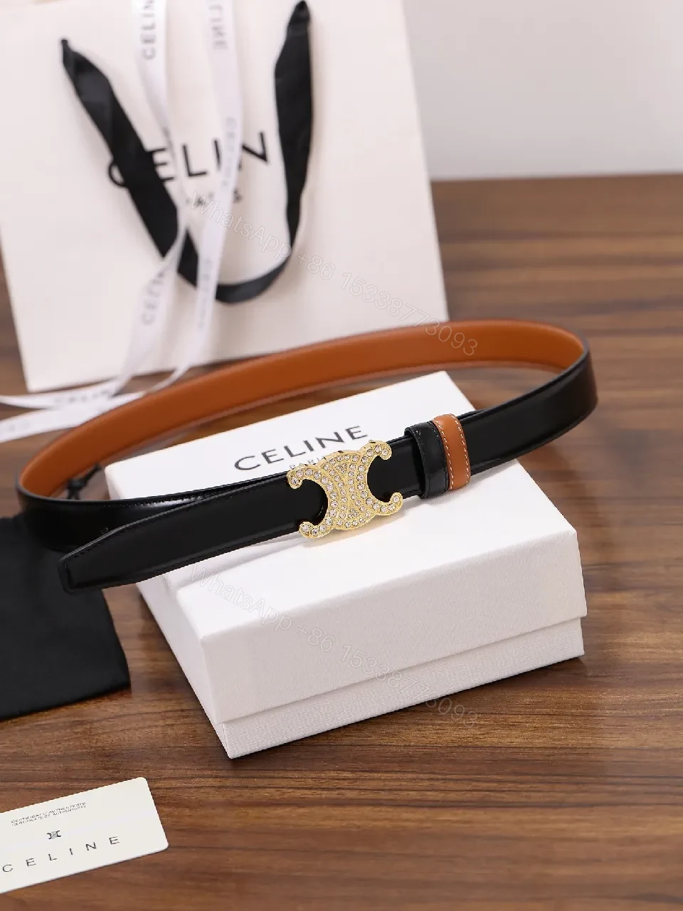 Black Leather Belt with Gold Crystal Clasp Belt — view 1