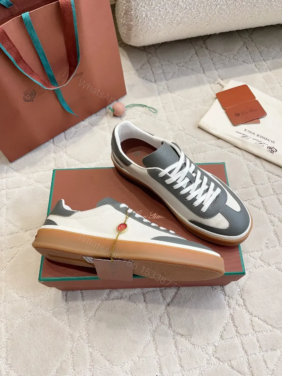 View 9 of Gray LeatherMesh Sneaker Cushioned Comfort Walking Shoes