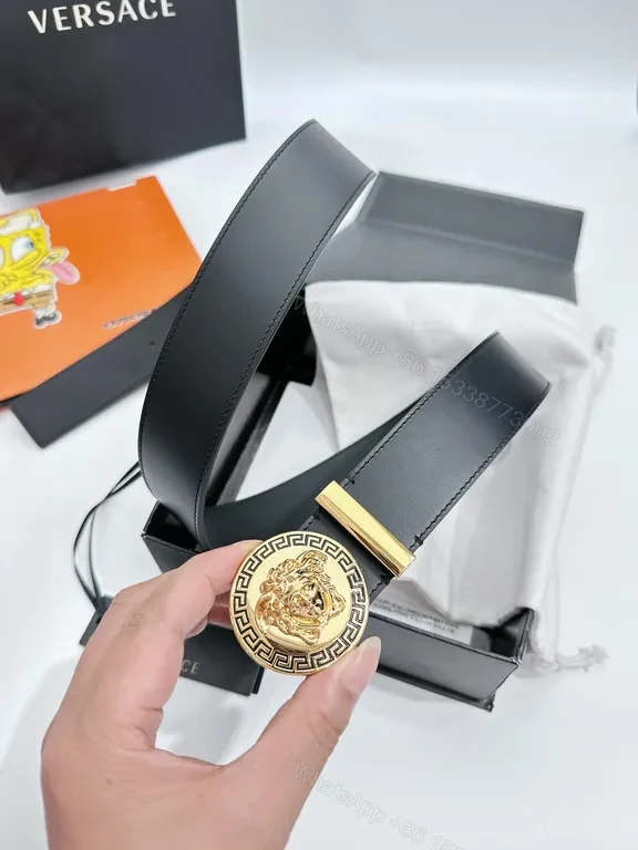 View 6 of Bold Black Leather Belt with Medusa Buckleâ€”Versace Luxury Belt
