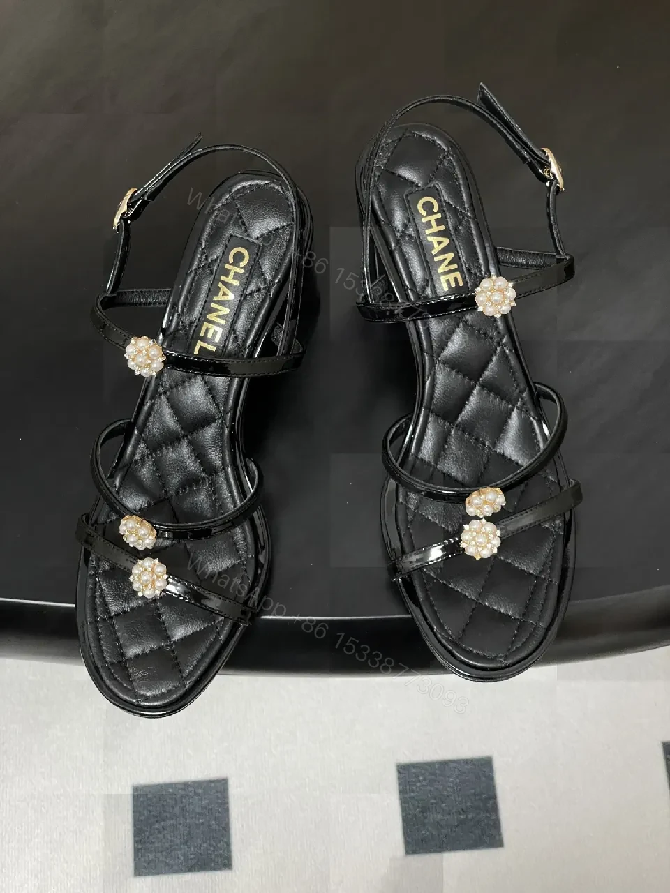 View 5 of Pearl-Embellished Quilted Strappy Sandals - Modern Glam Comfort