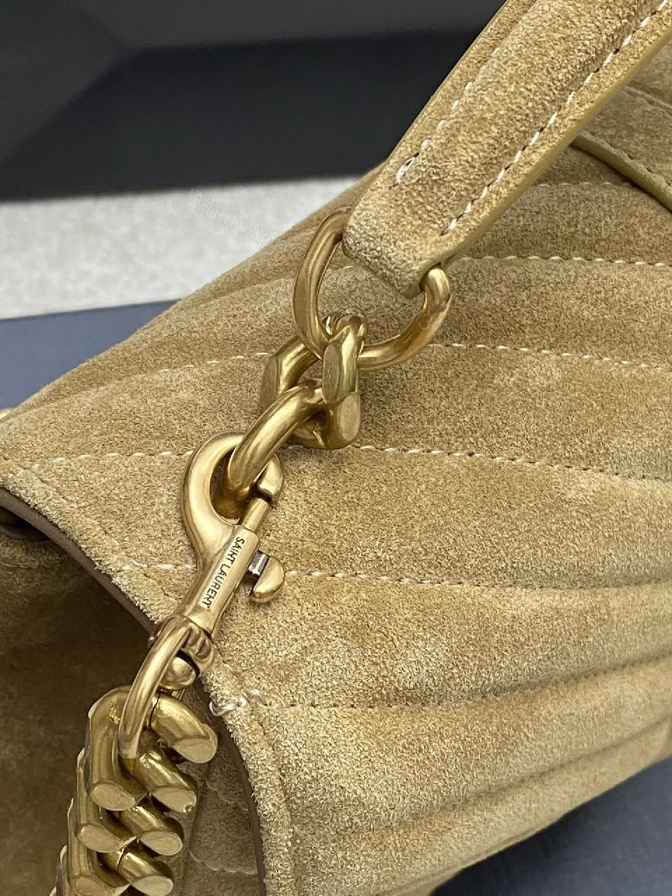 View 2 of Taupe Quilted Bag with Gold Hardware Accent