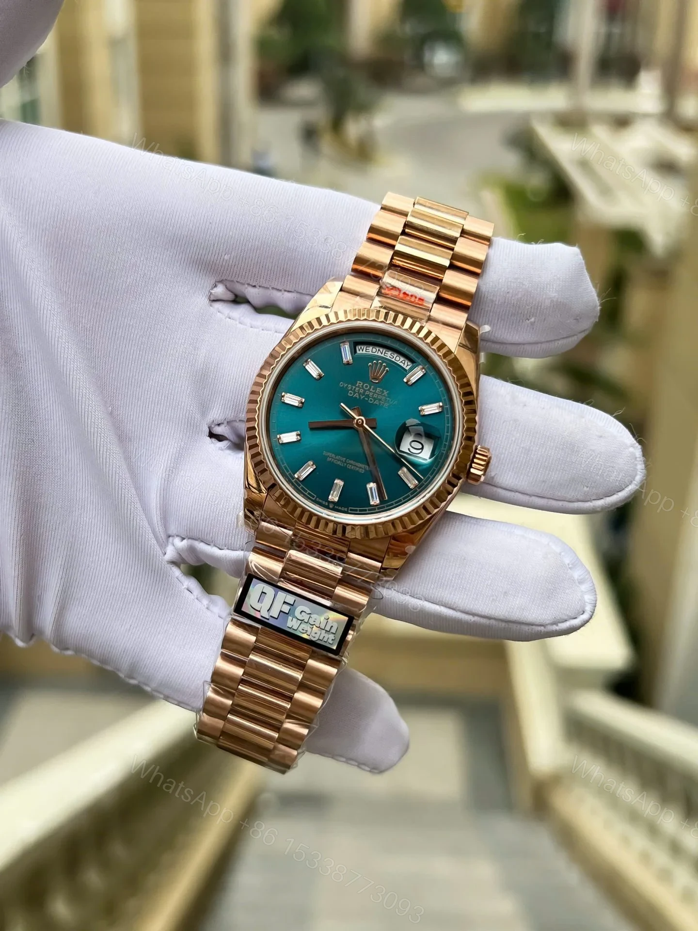 View 3 of Superclone Rolex Day-Date Blue-Green Diamond Dial 128235-0085 36 mm