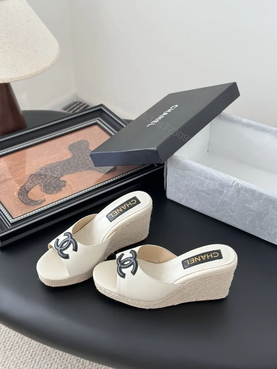 View 6 of Cream Leather Espadrille Mules with Logo Embroidery, Wedge Heel, Open-Toe