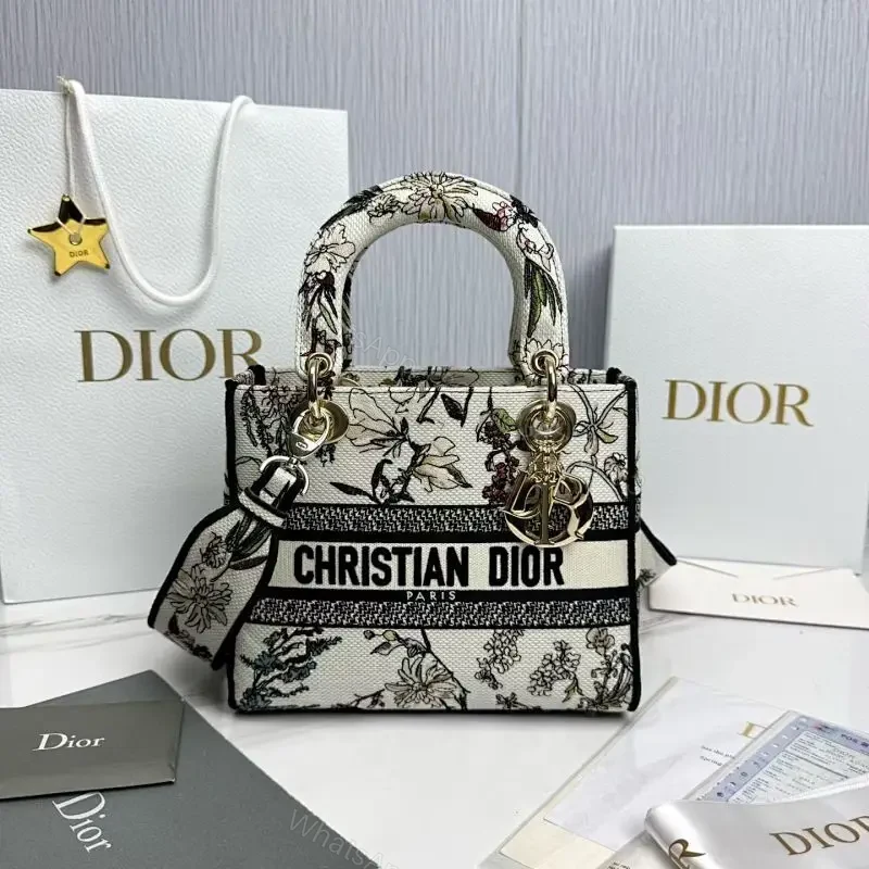 Elegant Floral Canvas Handbag with Dior Striping — view 1