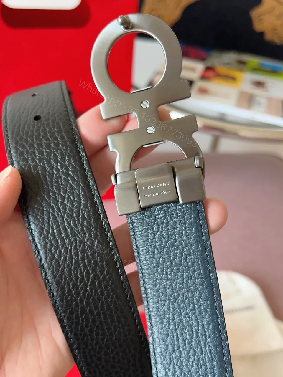 View 5 of Pebble Leather Belt with Bold Ferragamo-Style Buckle, Black, 1.5"