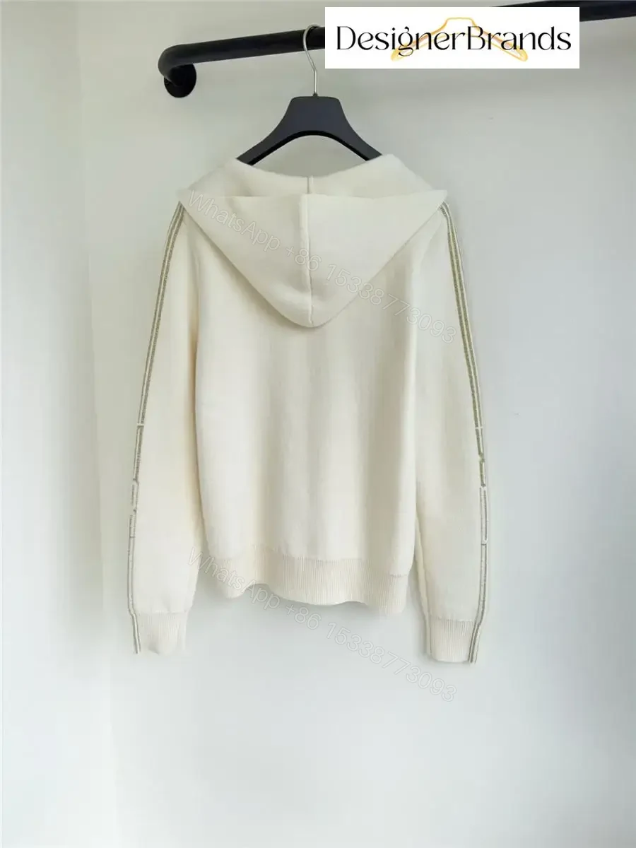 View 5 of Off-White Zip Hoodie with Striped Sleeves: Subtle Luxury Hoodie
