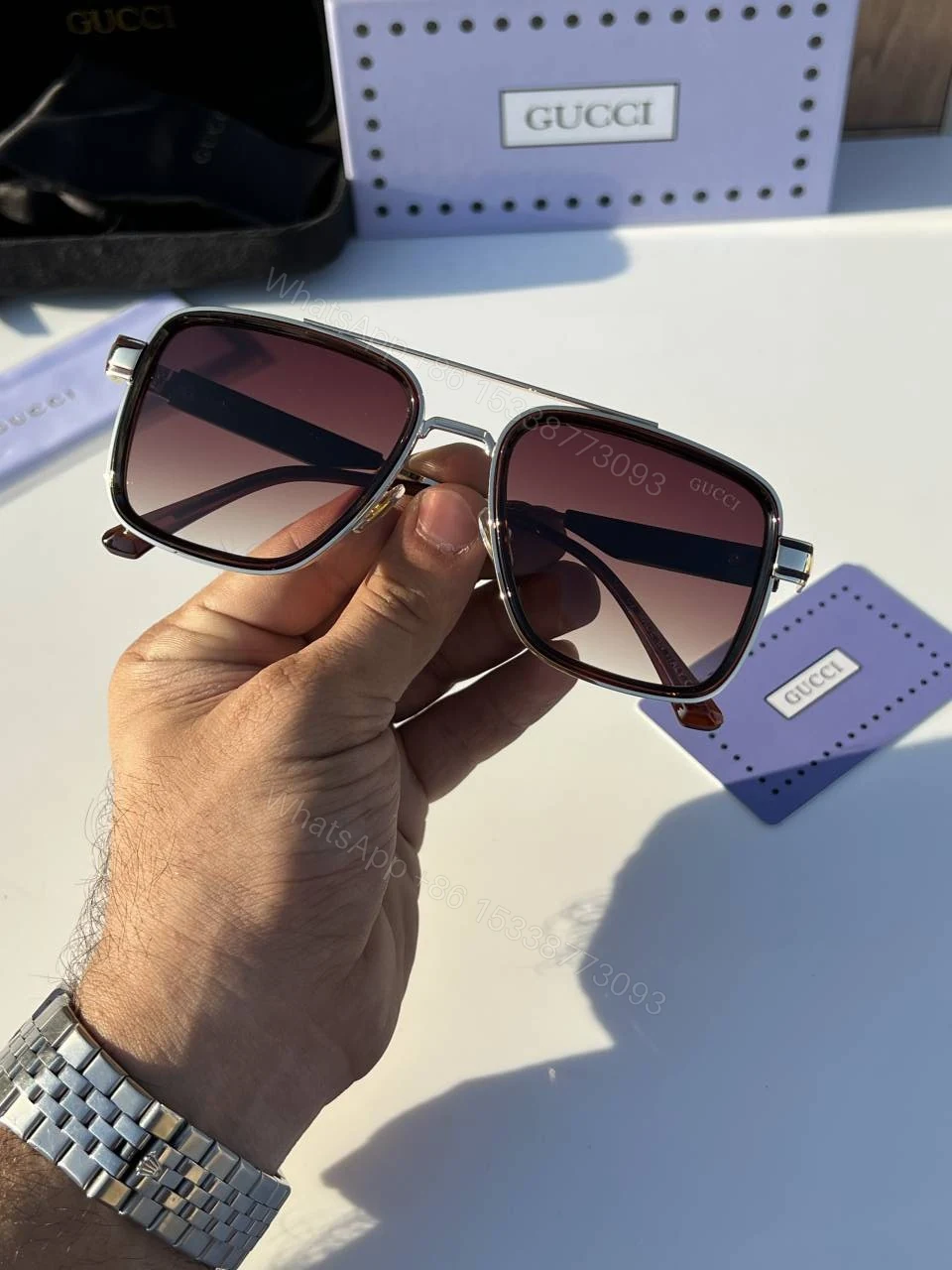 View 3 of First Copy Gucci Navigator Sunglasses Silver Frame Gradient Brown Lens