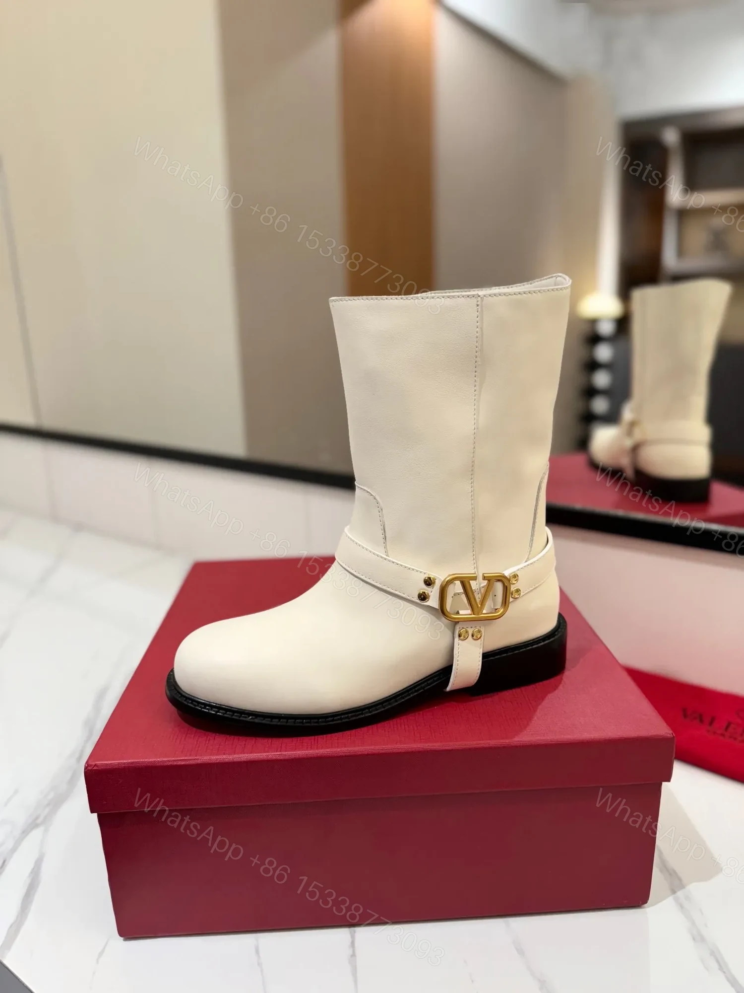 View 5 of Valentino Women White Leather Mid-Calf Boots