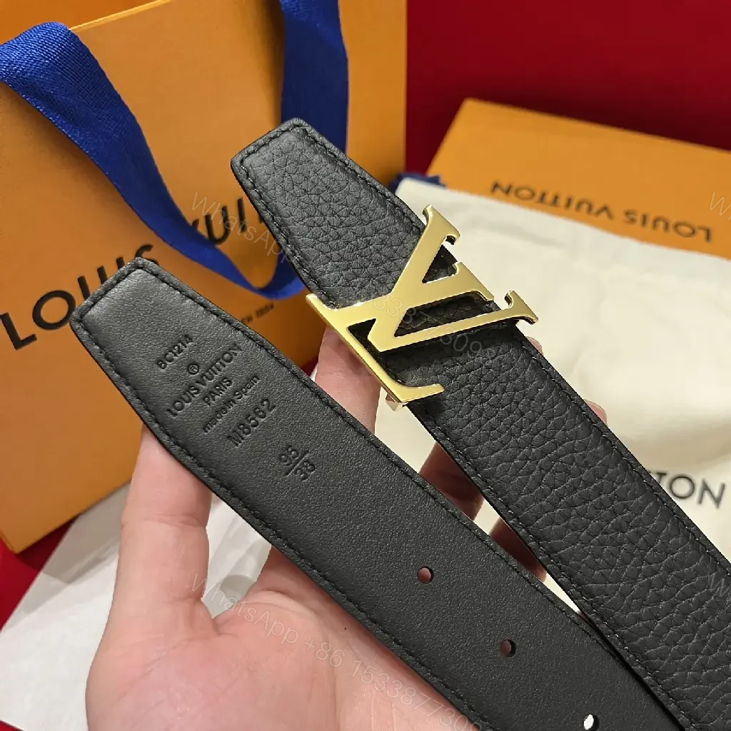 View 7 of Black Leather Pebbled Belt with Bold Silver LV Buckle