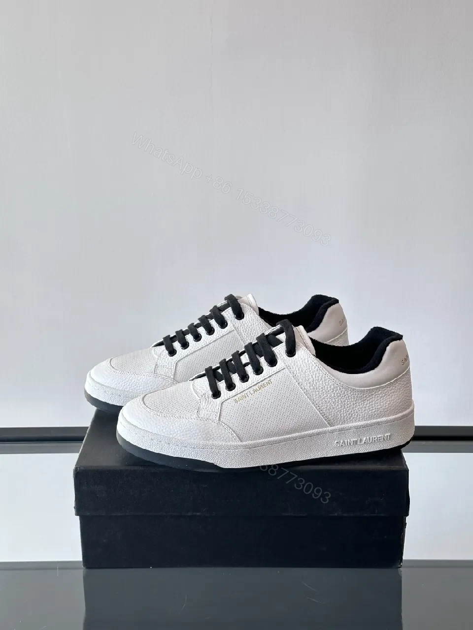 View 7 of White Leather Sneaker with Black Accents — Minimalist Luxury Sneaker