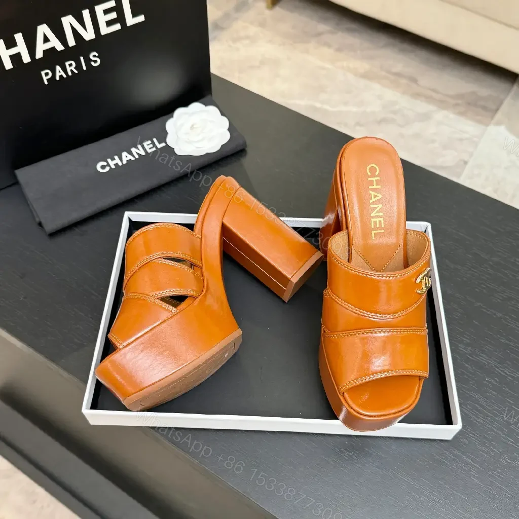 View 7 of Chunky Leather Mules with Logo Detail, Platform Heel, Open Toe