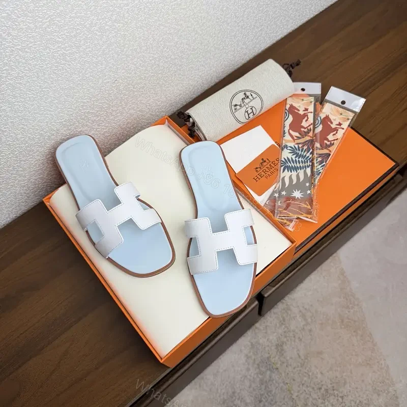 Blue Leather H Sandals Hermes-Style Slippers — view 1