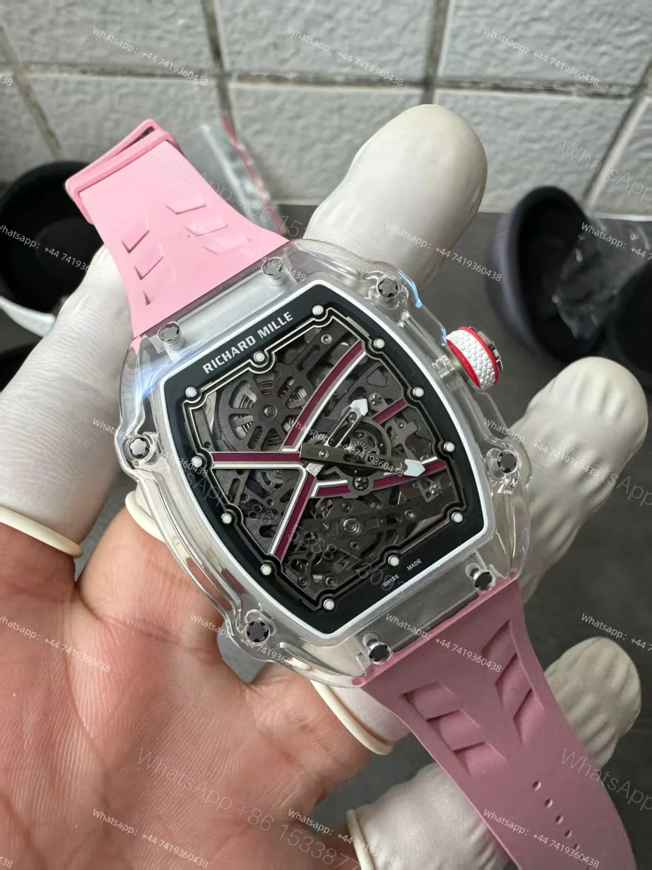 View 6 of Super Clone Richard Mille RM67-02 Sapphire Crystal Skeleton Tourbillon 1:1 Replica Watch with Pink Rubber Strap