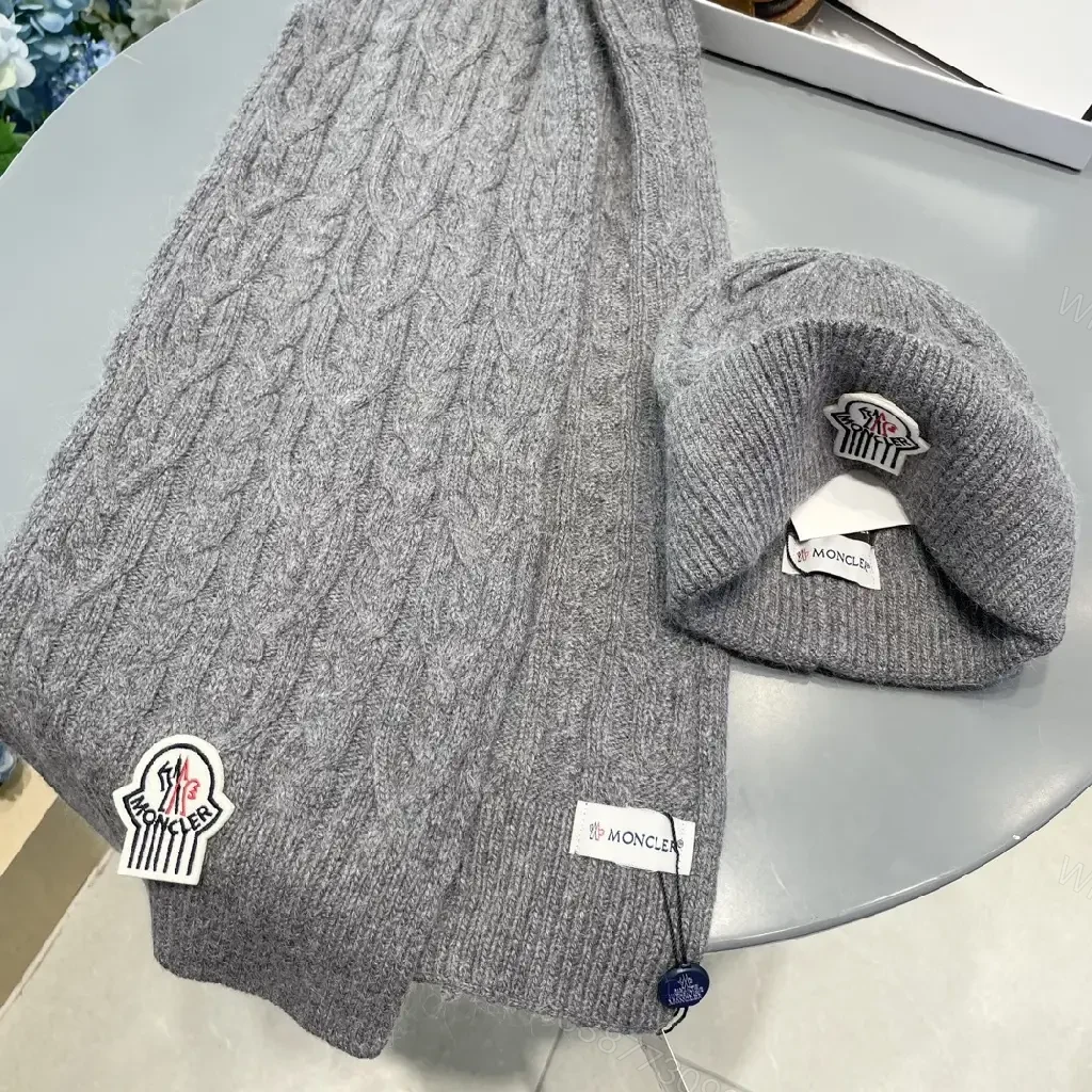 View 2 of Gray Cable-Knit Scarf & Beanie Set — Luxe Warmth, Subtle Moncler-Inspired Detail
