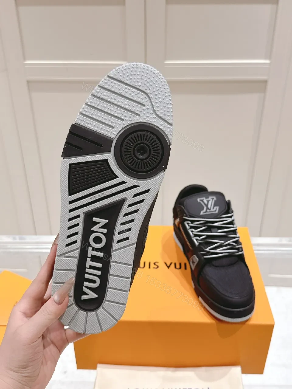 View 6 of Black Leather & Mesh Luxe High-Tops with Signature Detailing