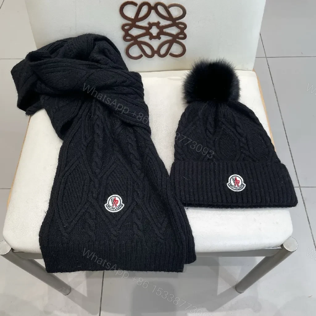 View 8 of Deep Black Knit Scarf & Beanie Set: Cable Knit, Cozy Warmth