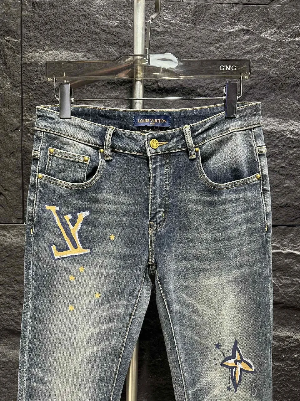 View 5 of Distressed Indigo Jeans with LV-Inspired Embellishments - Denim Luxe style