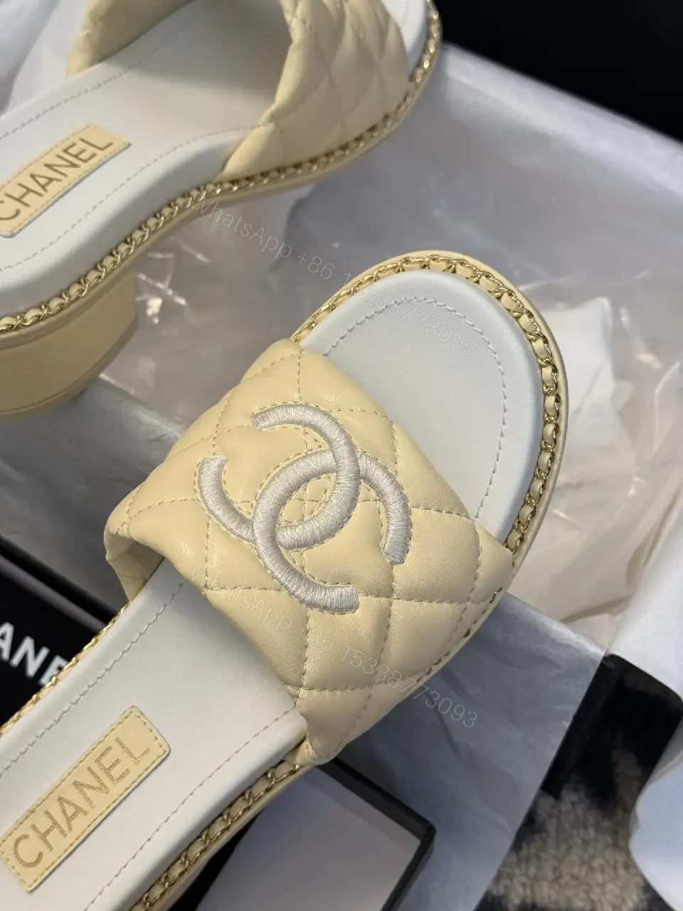 View 2 of Champagne-Beige Quilted Slide: Luxury, Slip-On Comfort