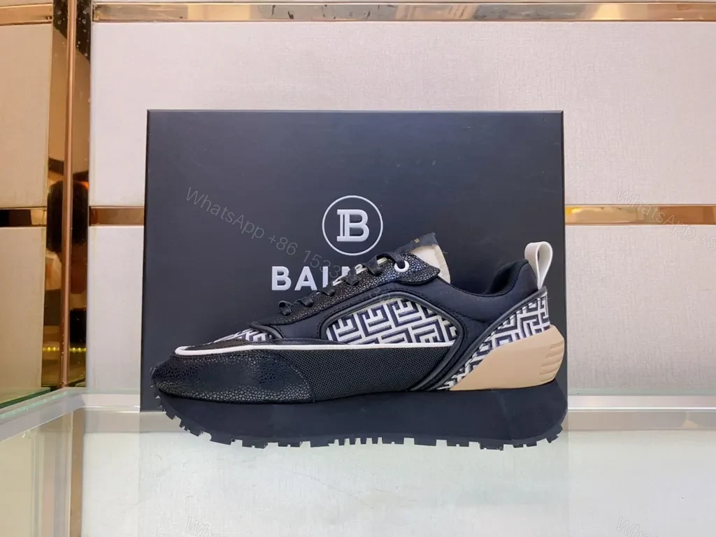 View 3 of Monochrome Greek Key High-Top Sneaker â€” Luxe Comfort, Balmain