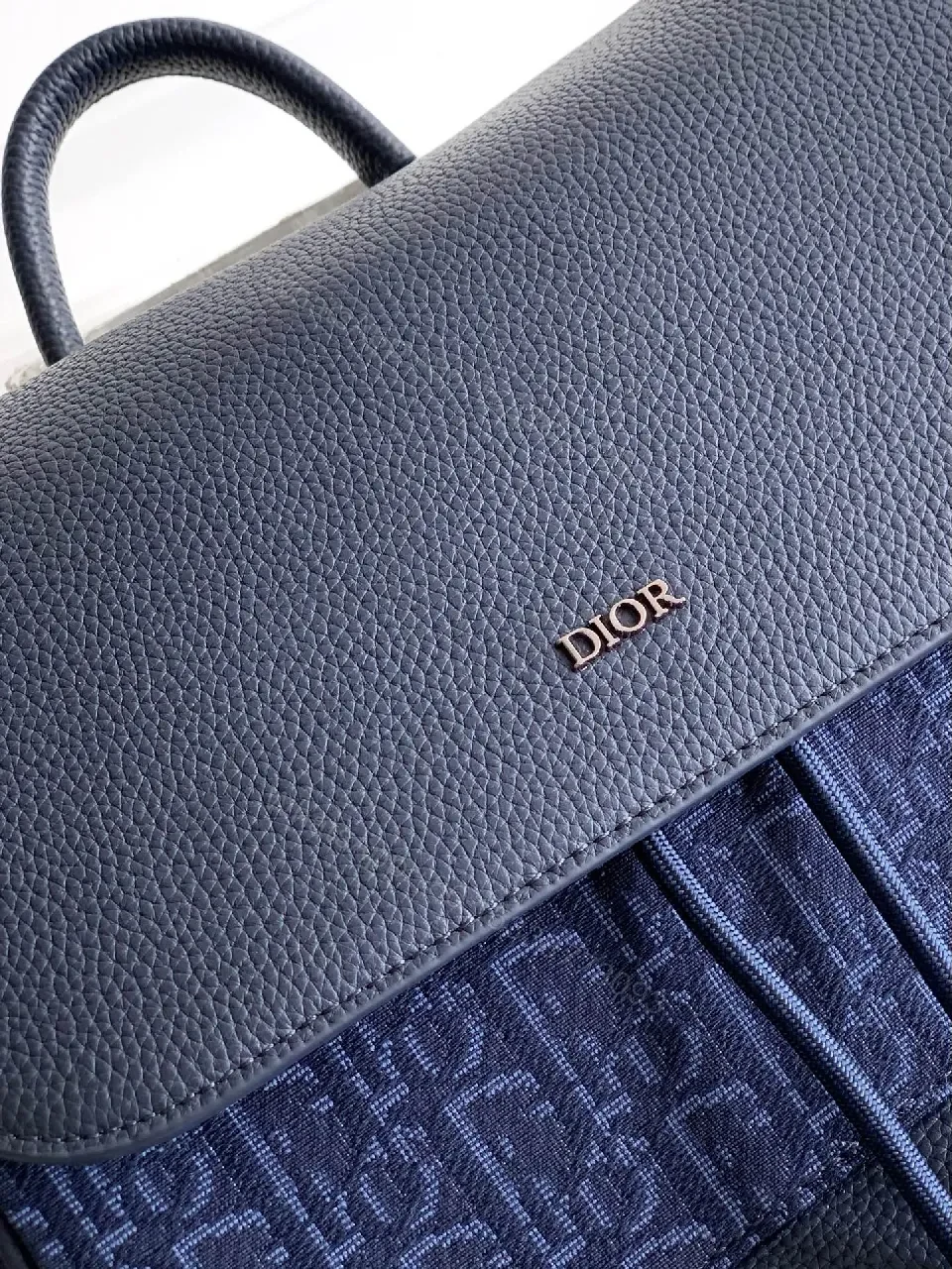 View 2 of Navy Monogram Leather-Trim Compact City Backpack