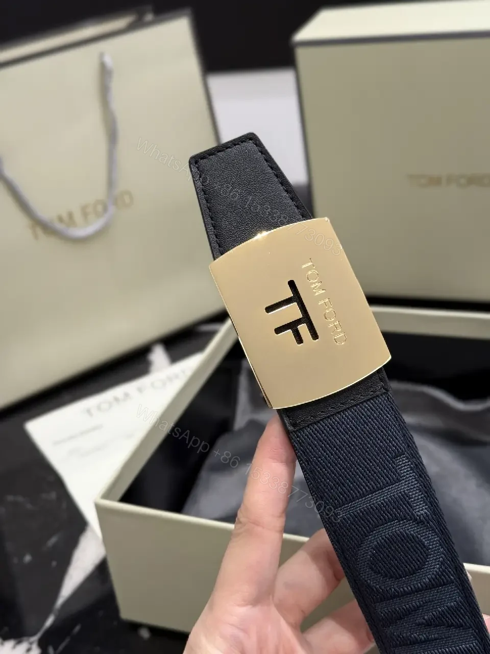 View 3 of Navy Leather-Texture Belt with Champagne Hardware