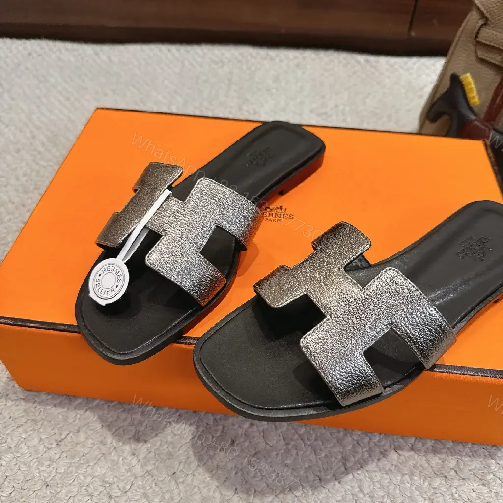 View 6 of Silver Hermès-Style H Sandals, Metallic Strappy Slide, Luxury Open Toe Slide