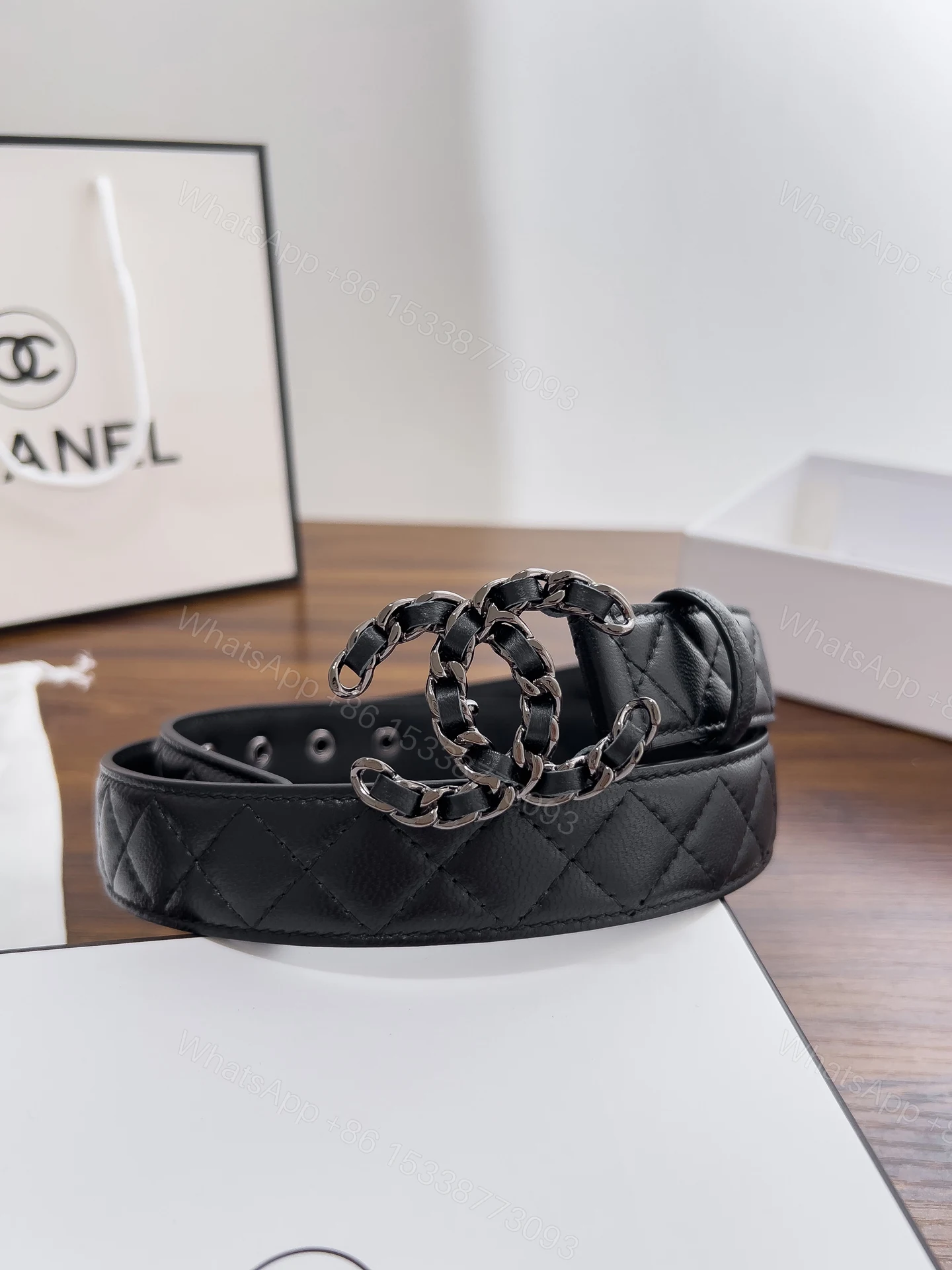 CHANEL A貨 女款 鏈條雙C菱格牛皮皮帶 時尚精品腰帶 — view 1