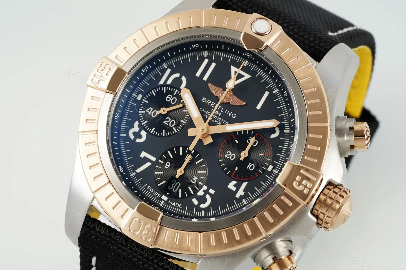 View 8 of KOR Factory Breitling Avenger B01 Chronograph 45 – Rose Gold and Stainless Steel with Black Dial and Strap