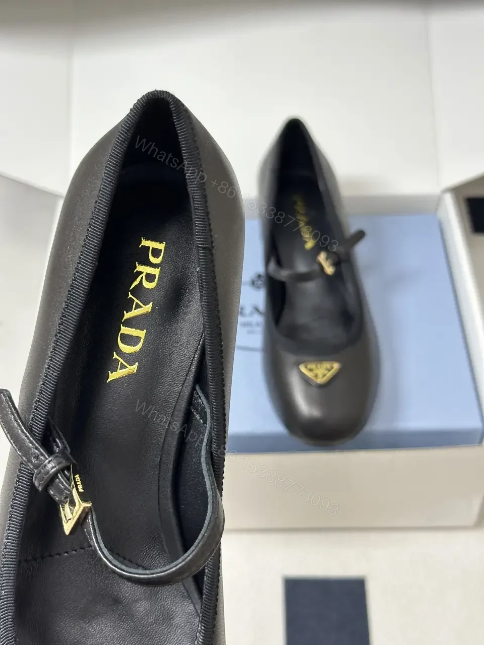 View 7 of Black Leather Mary Jane Heels with Logo Charm, Prada Style