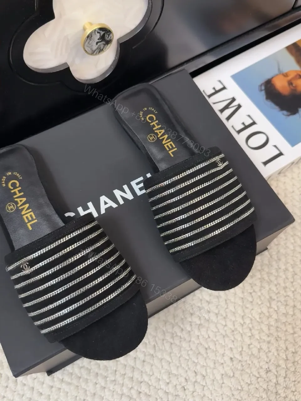 View 3 of Black + Synthetic + Slide + Shimmer Band + Sandals