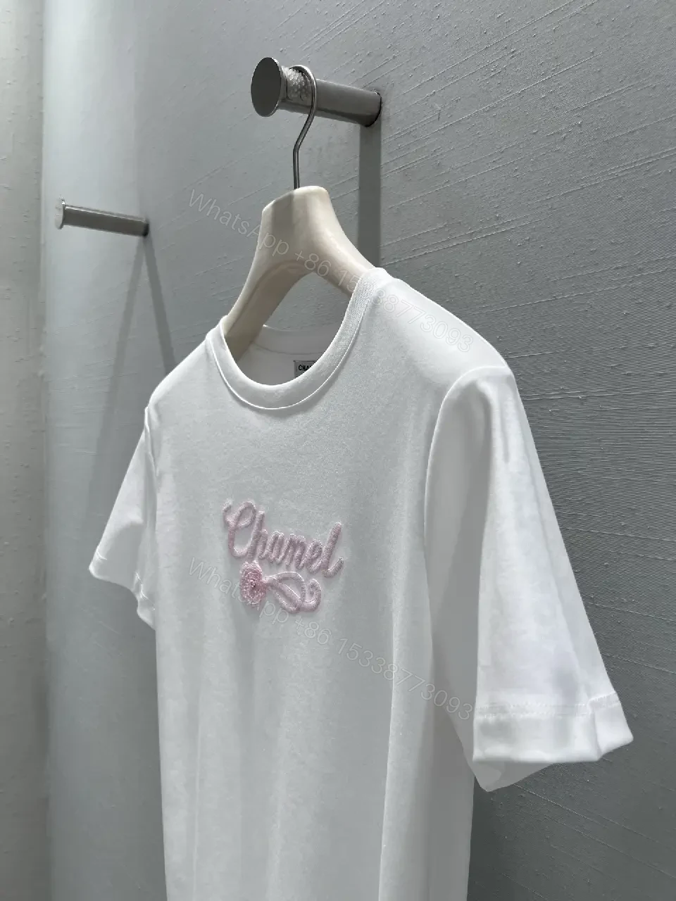 View 3 of White Tee with Pink Embroidered Logo – Everyday Luxe, Premium Cotton