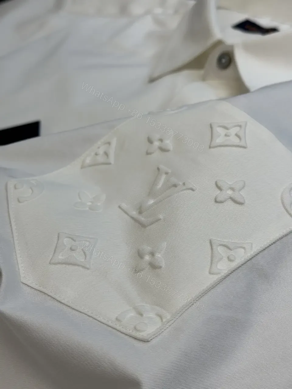 View 3 of White Cotton-Blend Shirt with Embossed Pocket Texture, Modern Luxury