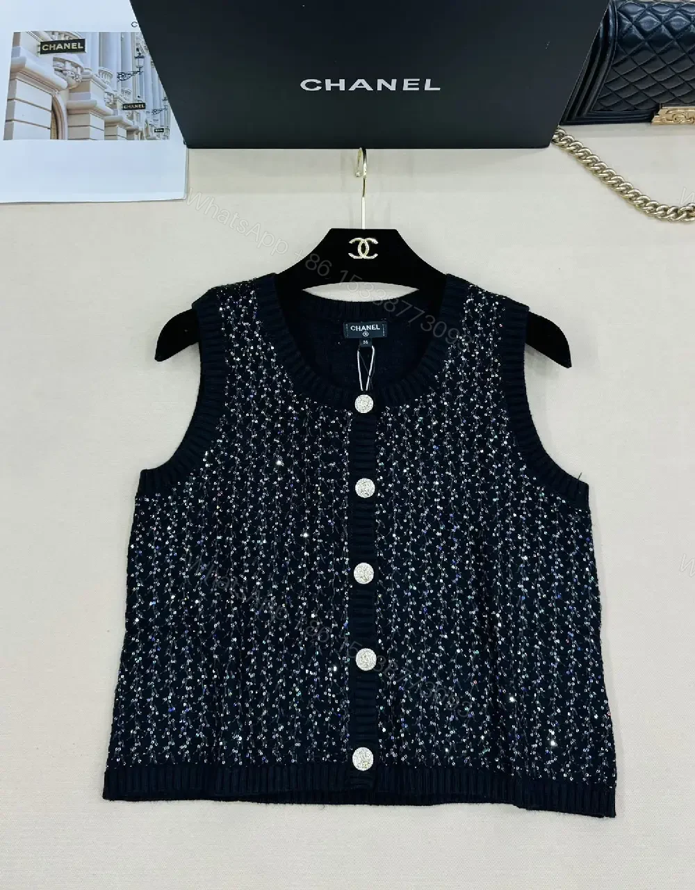 View 3 of Textured Knit Vest Set: Sparkling Buttons, Black & White