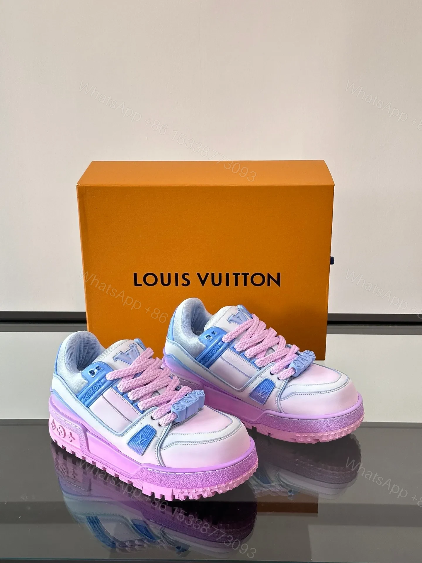 View 5 of LV Men White and Blue Leather Sneakers