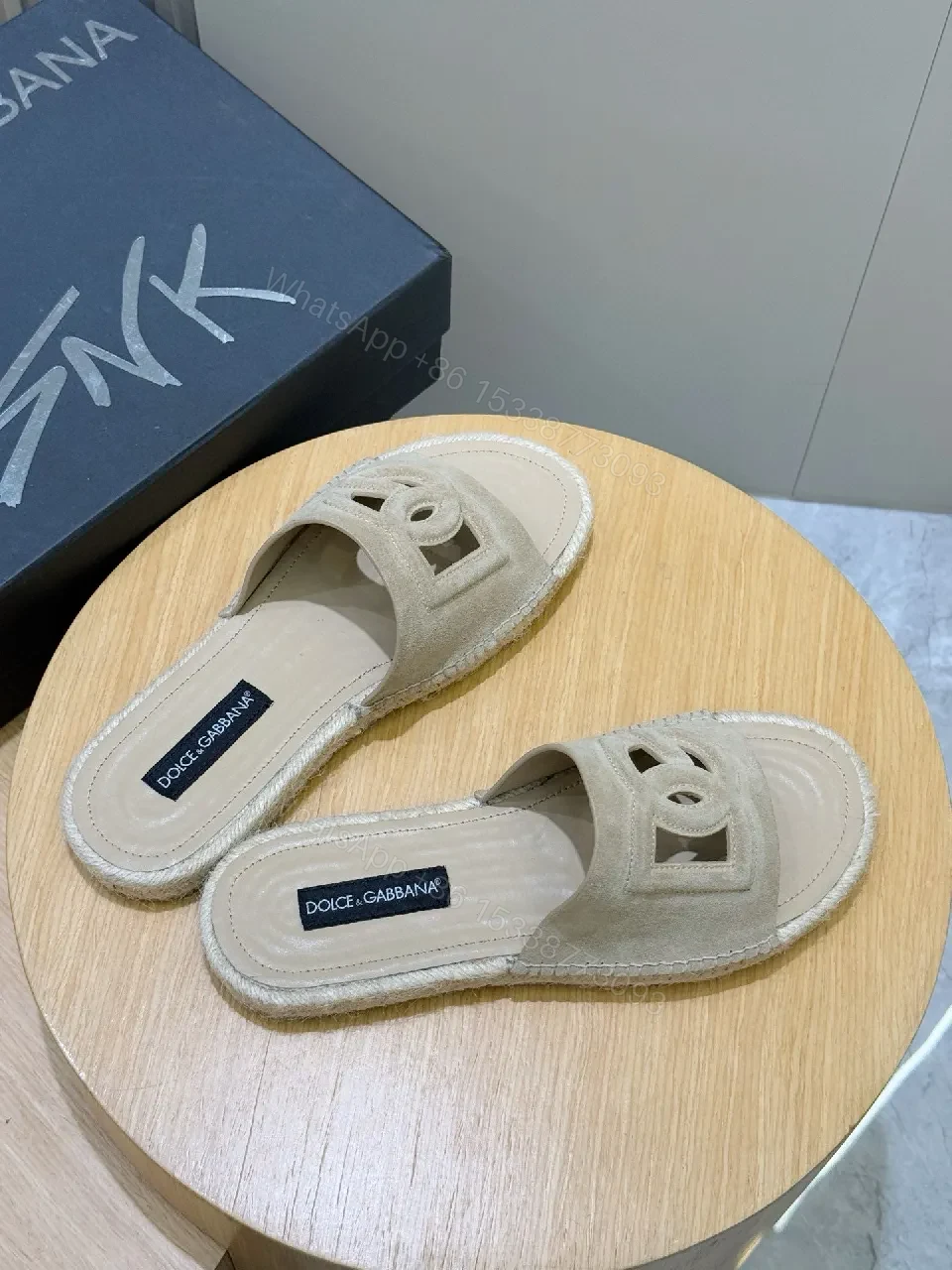 View 6 of Beige Suede-Texture Sandals + Logo Cut-Outs + Luxury Casual + Cushioned Footbed + Sandals